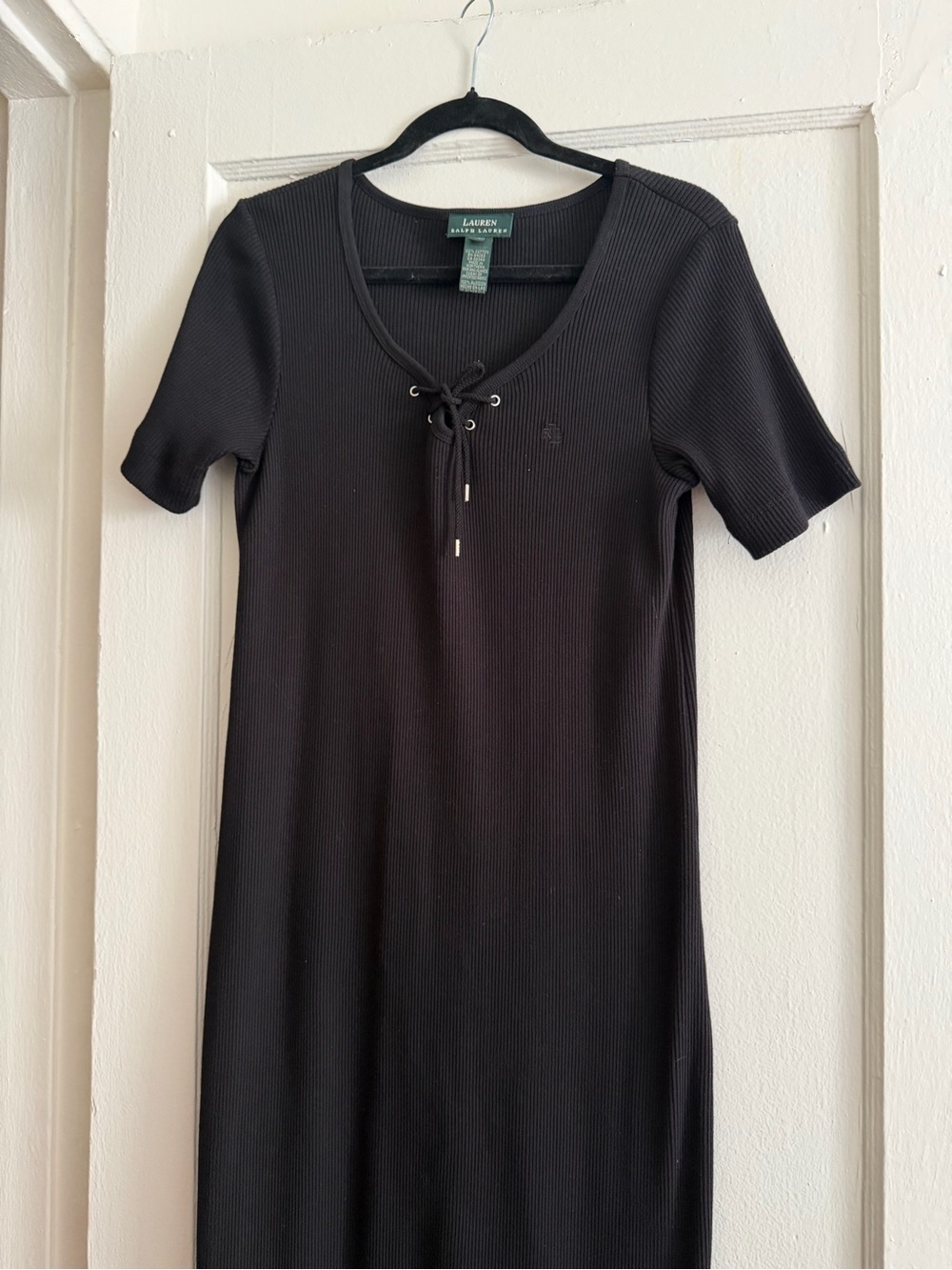 Ralph Lauren Black Ribbed Lace-Up Midi Dress